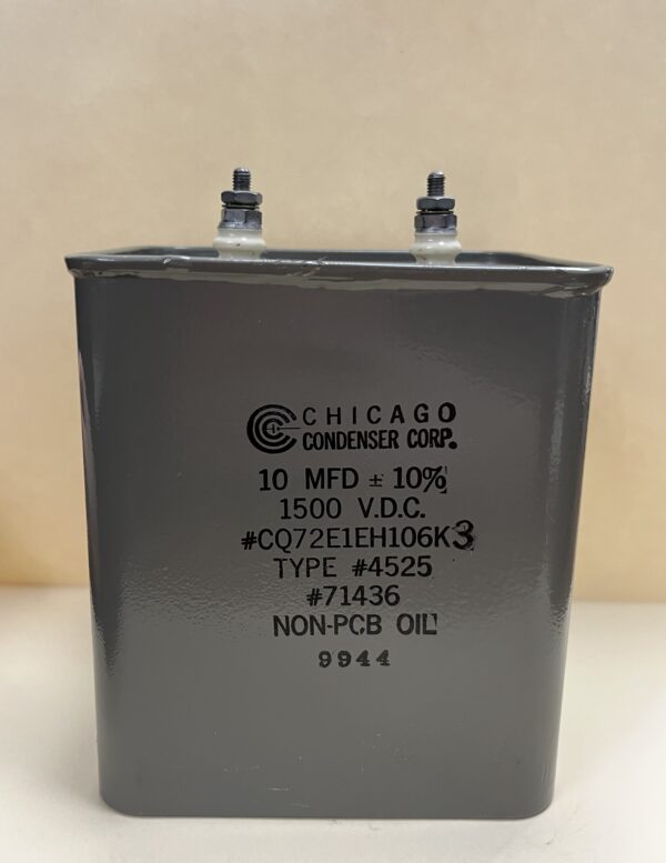 CQ72E1EH106K3 High Voltage Capacitor 10 MFD 1500 VDC P/N 4525 Chicago Condenser Corp