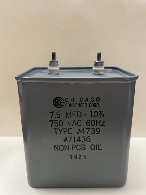 High Voltage Capacitor 7.5 MFD 750 VAC 60 HZ P/N 4739 Chicago Condenser Corp