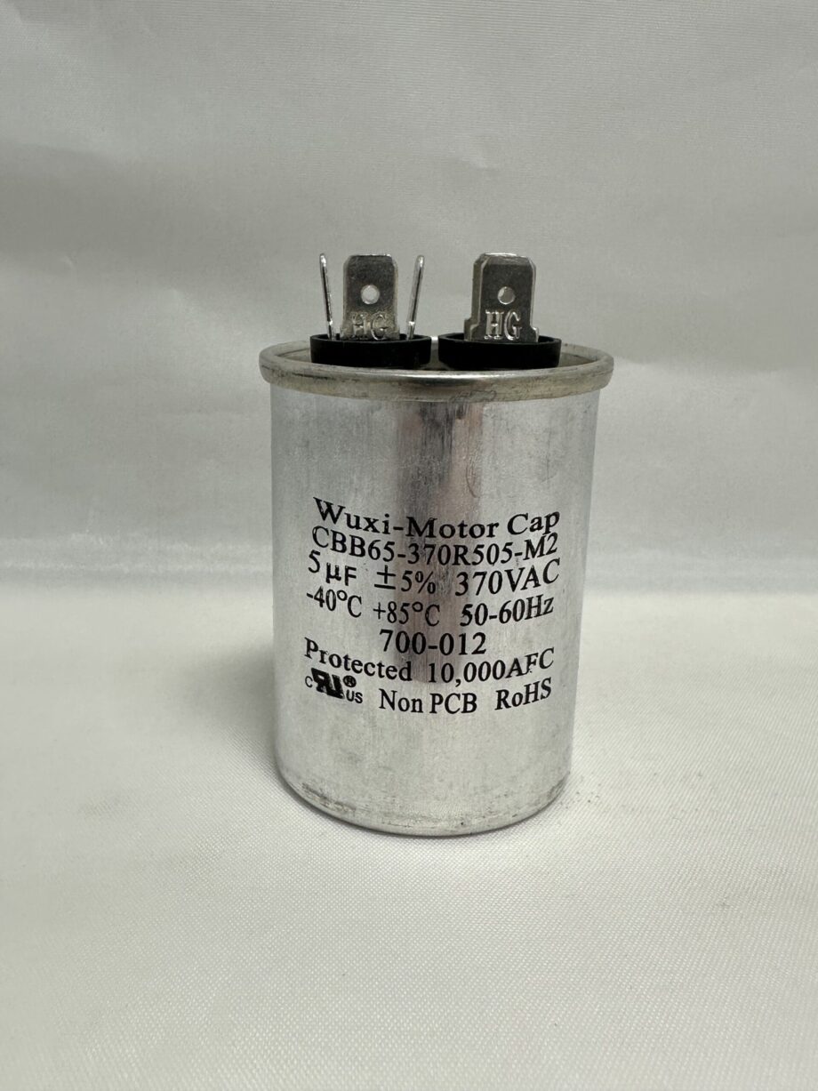 A silver cylindrical capacitor with two top prongs, labeled CBB65-370R505-M2 5 uF 370 VAC Capacitor, featuring technical specifications including 5 μF, 370VAC, 50-60Hz, RoHS compliant.