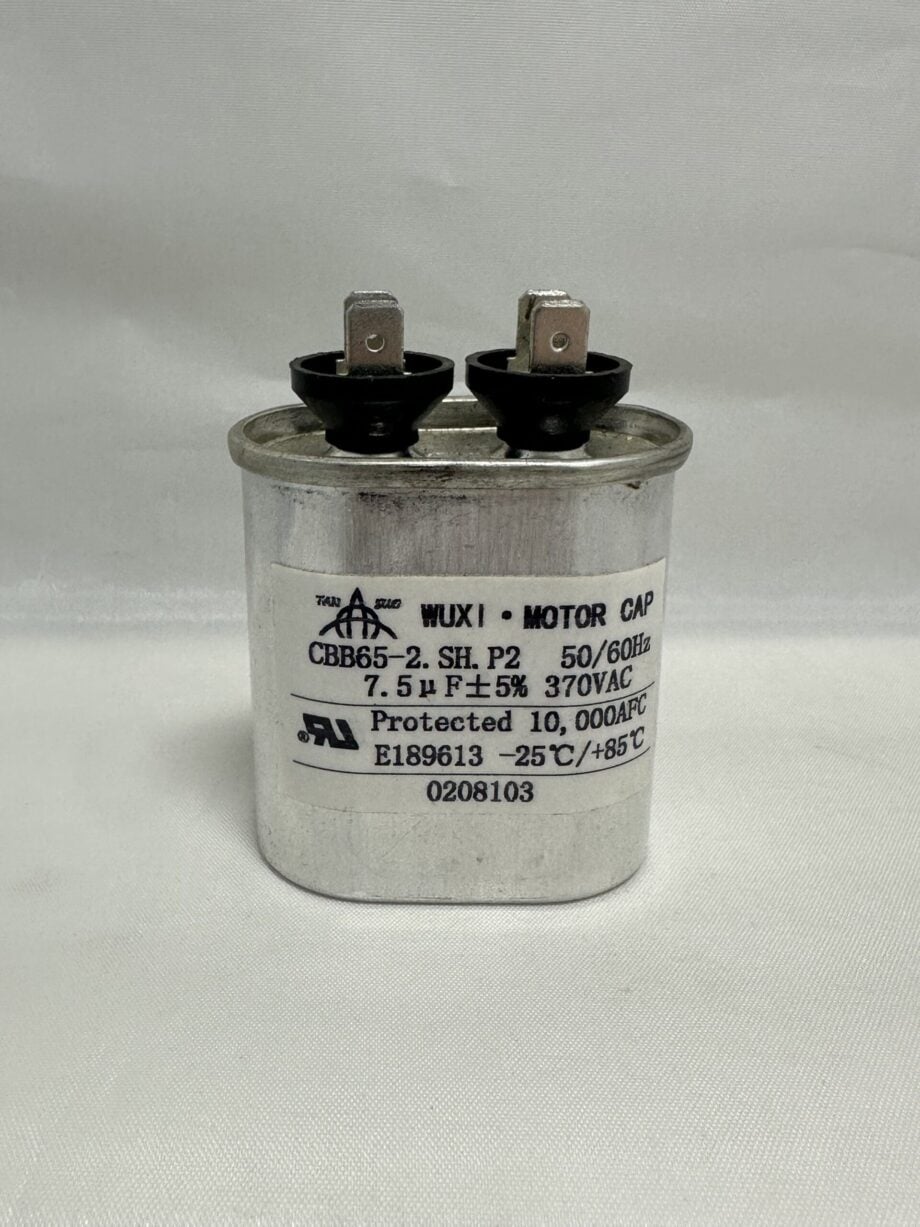 A cylindrical metal capacitor labeled CBB65-370V755-M2 with two terminals on top, displaying technical specifications such as 7.5 μF and 370 VAC on its front.