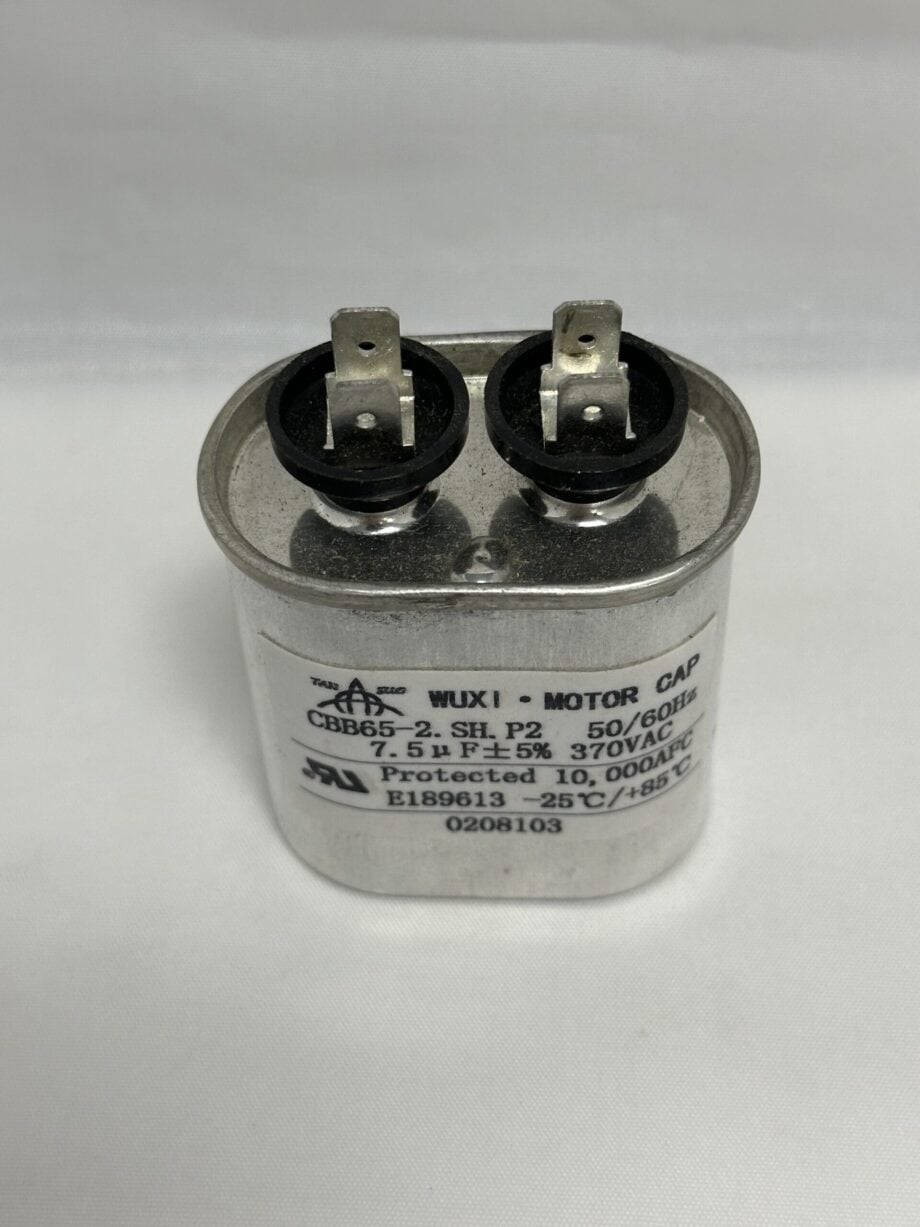 A silver cylindrical CBB65-370V755-M2 7.5 uF 370 VAC capacitor with two black and metal terminals on top, labeled WUXI MOTOR CAP and technical specifications printed on the front.