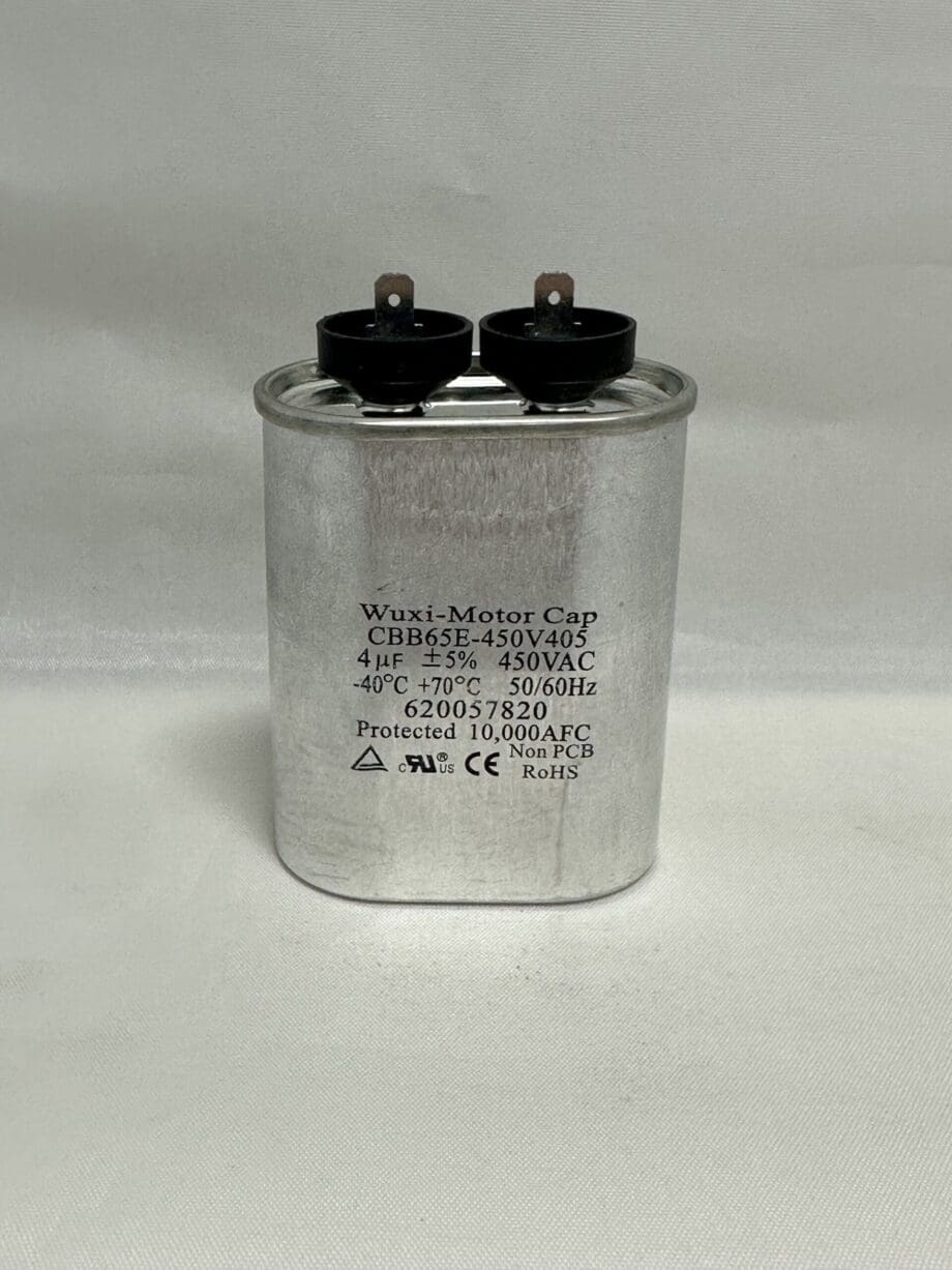 A CBB65E-450V405 4.0 uF 450 VAC Capacitor (model 620057820) in silver, featuring two black terminals on top and labeled 4µF ±5%, 450VAC, 40°C to 70°C, 50/60Hz, protected to 10,000AFC, is placed on a plain white surface.
