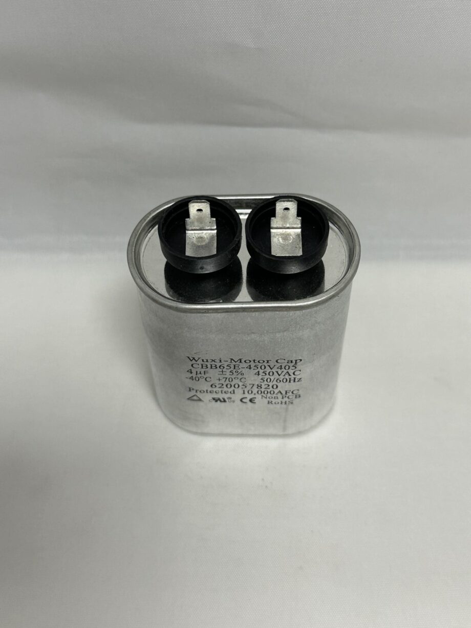 A close-up of a CBB65E-450V405 4.0 uF 450 VAC Capacitor (model 620057820) featuring two black terminals on top and printed technical specifications on the front, set against a plain white background.