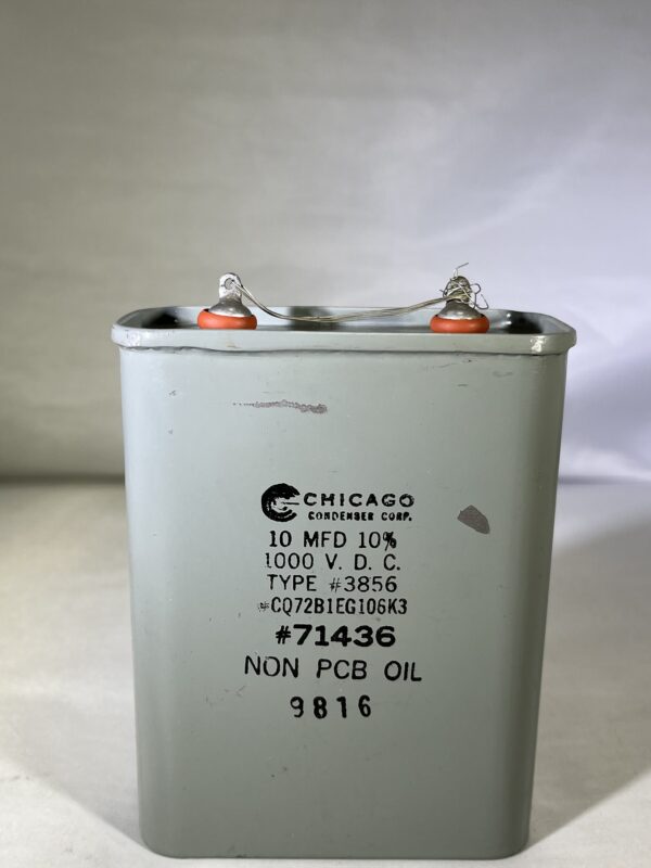 CQ72B1EG106K3 High Voltage Capacitor 10 MFD 1000 VDC P/N 3856 Chicago Condenser Corp