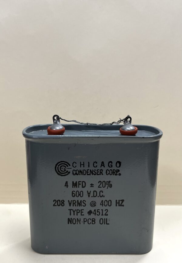 High Voltage Capacitor 4 MFD 600 VDC 400 HZ P/N 4512 Chicago Condenser Corp