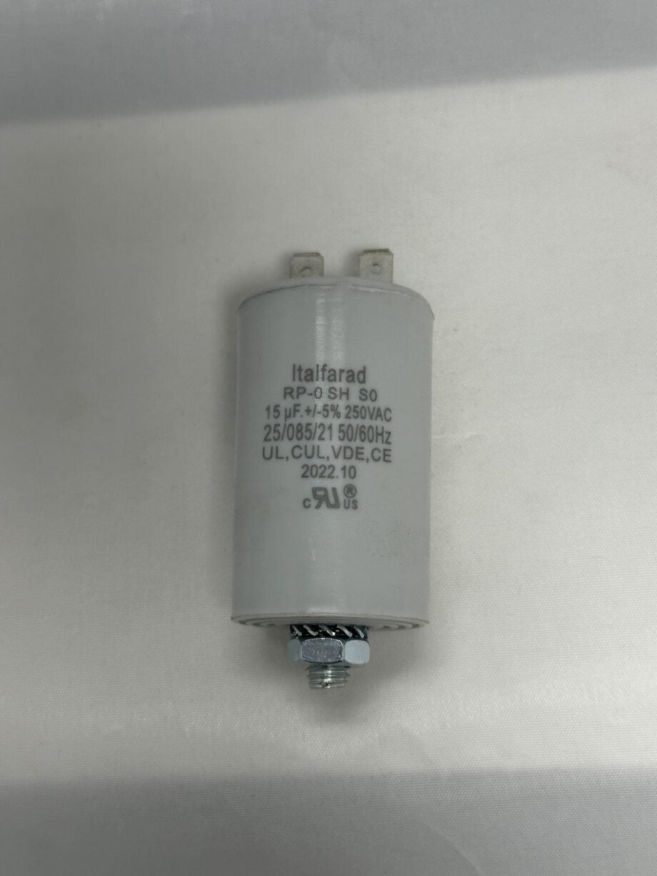 RPN0E156M8-M1 15 μF 250 VAC capacitor (9310250150500 51-4263), white Italfarad RP-O SH SO type with metal terminals, labeled ±5%, 50/60 Hz, UL, CUL, VDE, CE rated, dated 2022.10, shown on a white surface.